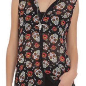 Womens Goth Punk-Skull Cross Rose Print Button Up Semi Sheer SHIRT BLOUSE-XL